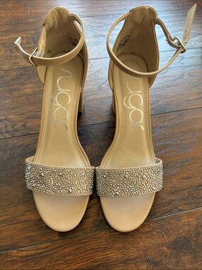 Sugar Nude Crystal-Ankle Strap Block Heels